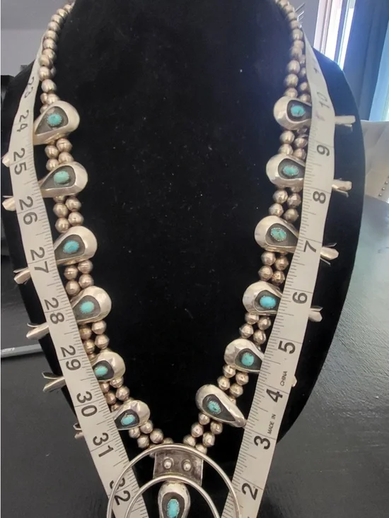 Sterling Silver Turquoise Squash Blossom Necklace - - Picture 3 of 16